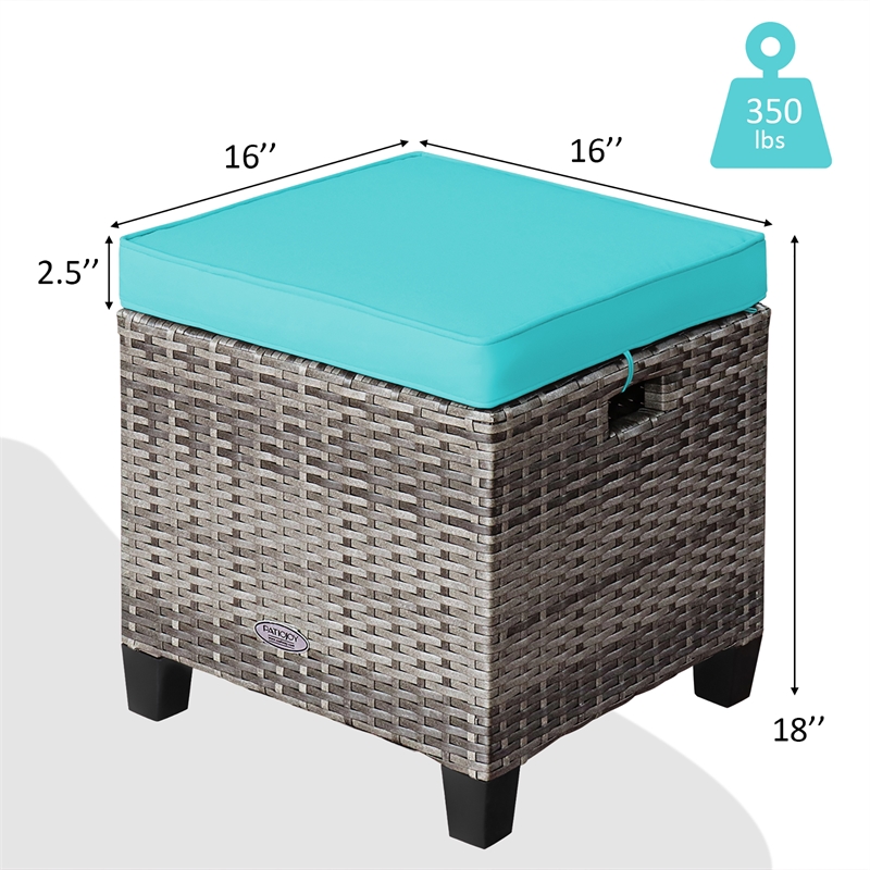 Pemberly Row 2PCS Patio Rattan Cushioned Ottoman Seat Foot Rest Turquoise