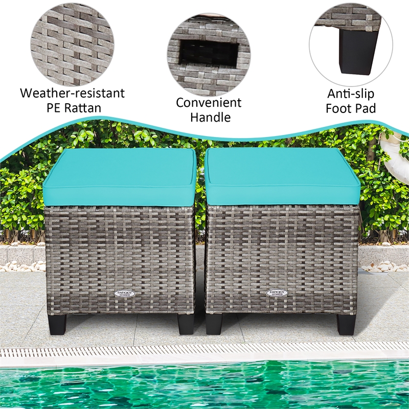 Pemberly Row 2PCS Patio Rattan Cushioned Ottoman Seat Foot Rest Turquoise