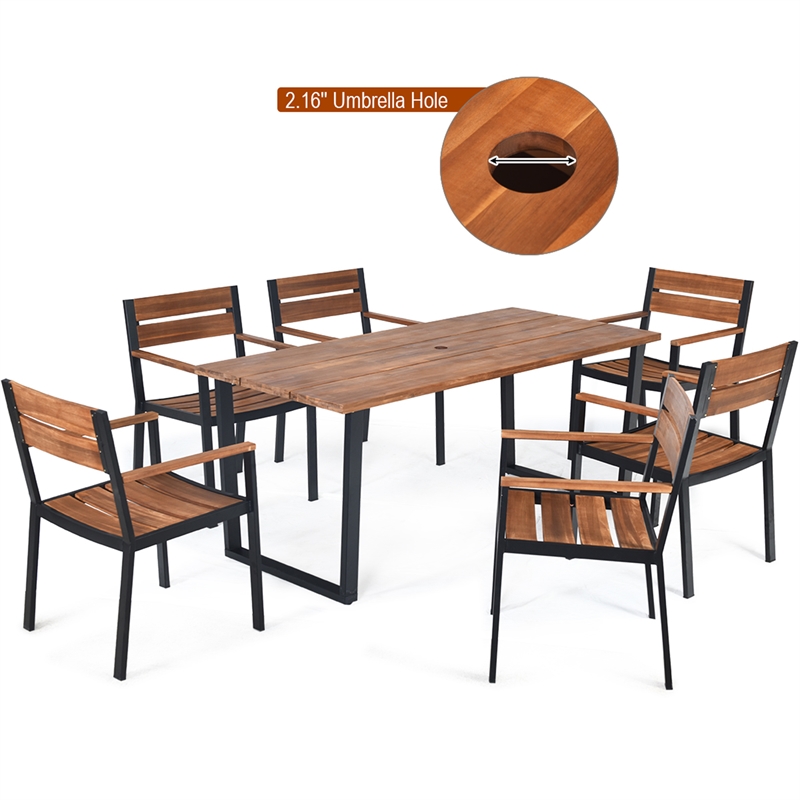 Pemberly Row 7PCS Patented Patio Dining Chair Table Set W/Umbrella Hole Brown