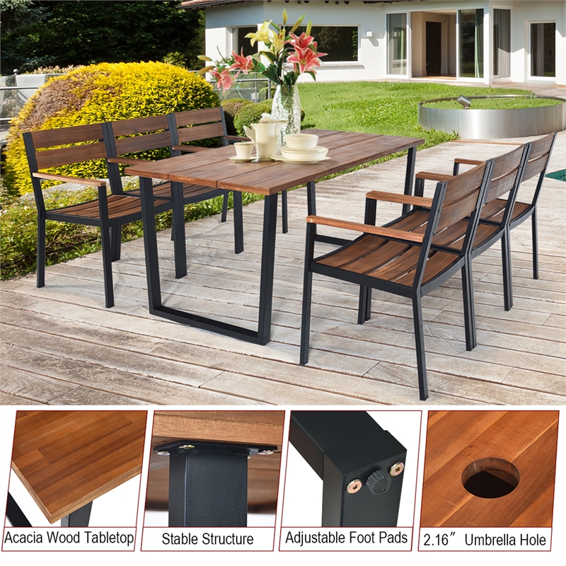 Pemberly Row 7PCS Patented Patio Dining Chair Table Set W/Umbrella Hole Brown