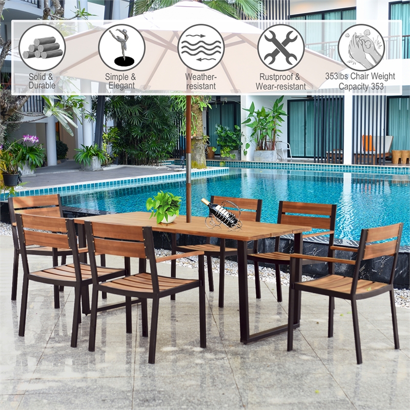 Pemberly Row 7PCS Patented Patio Dining Chair Table Set W/Umbrella Hole Brown