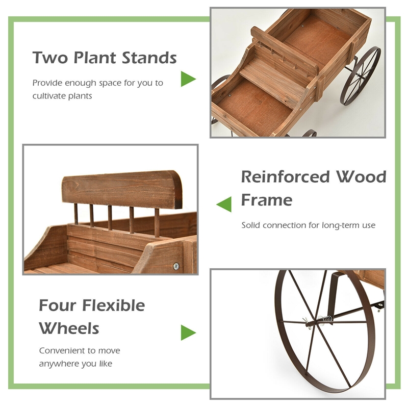 Pemberly Row Garden Plant Wooden Wagon Planter W/ Wheel Brown