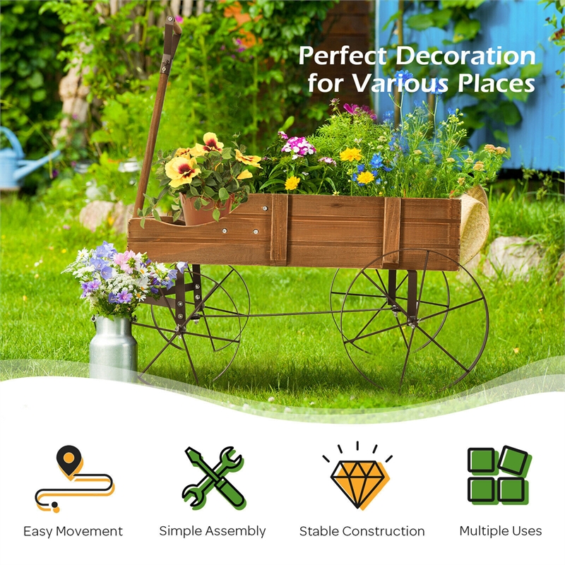 Pemberly Row Garden Plant Wooden Wagon Planter W/ Wheel Brown