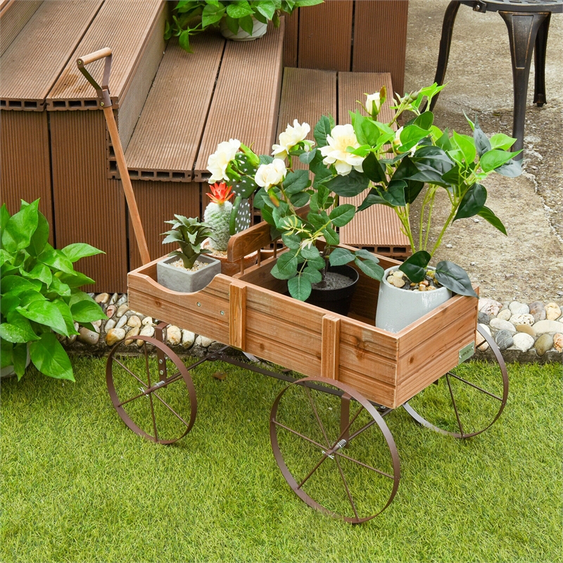 Pemberly Row Garden Plant Wooden Wagon Planter W/ Wheel Brown