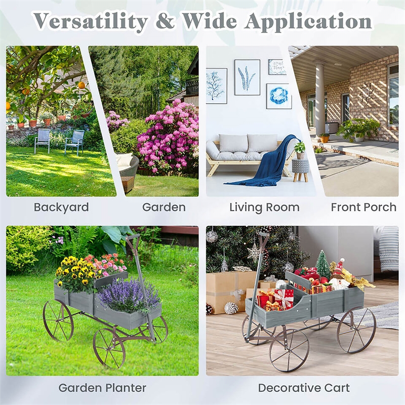 Pemberly Row Garden Plant Wooden Wagon Planter W/ Wheel Gray