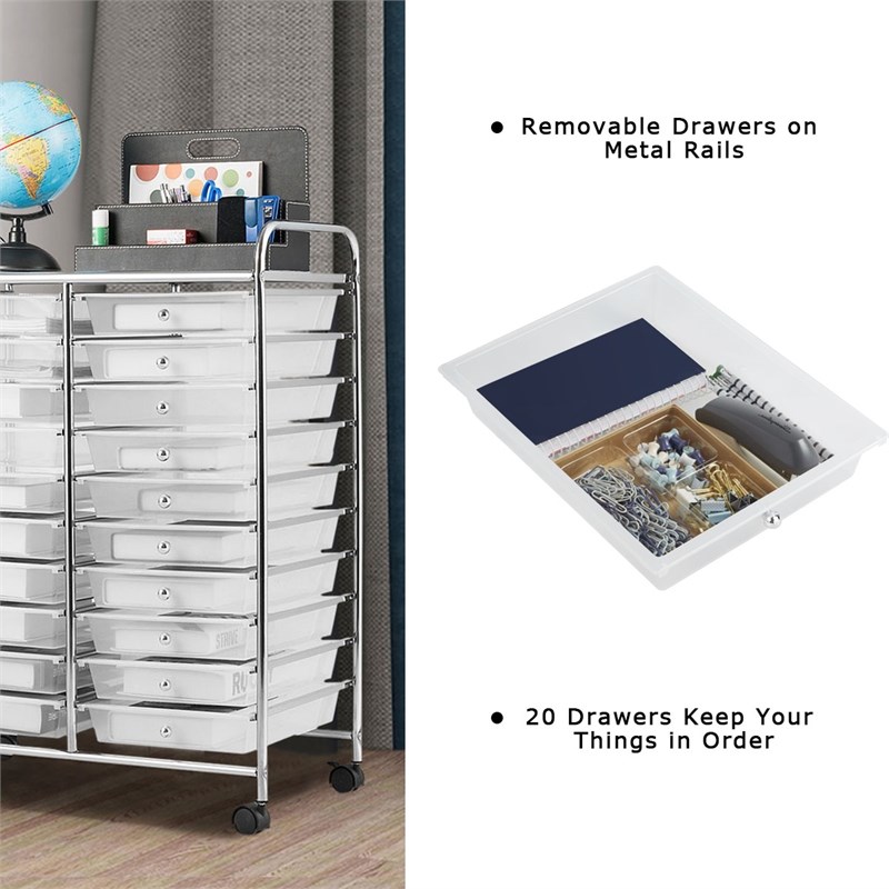 Pemberly Row 20 Drawers Rolling Cart Storage Studio Organizer Bins White