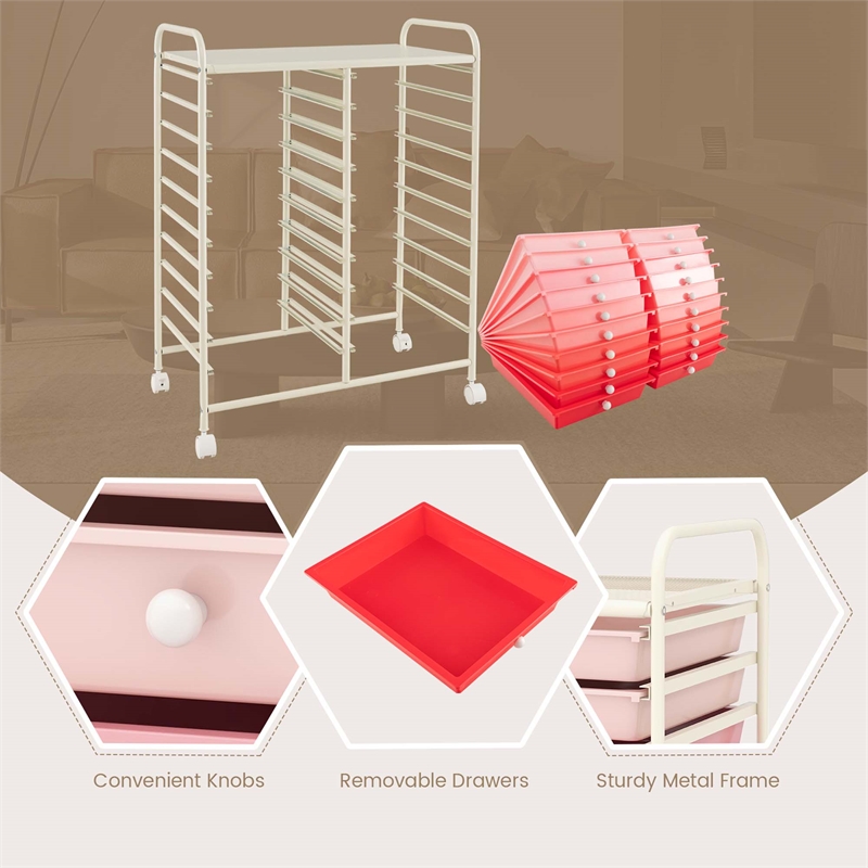 Pemberly Row 20 Drawers Rolling Cart Storage Studio Organizer Bins Pink