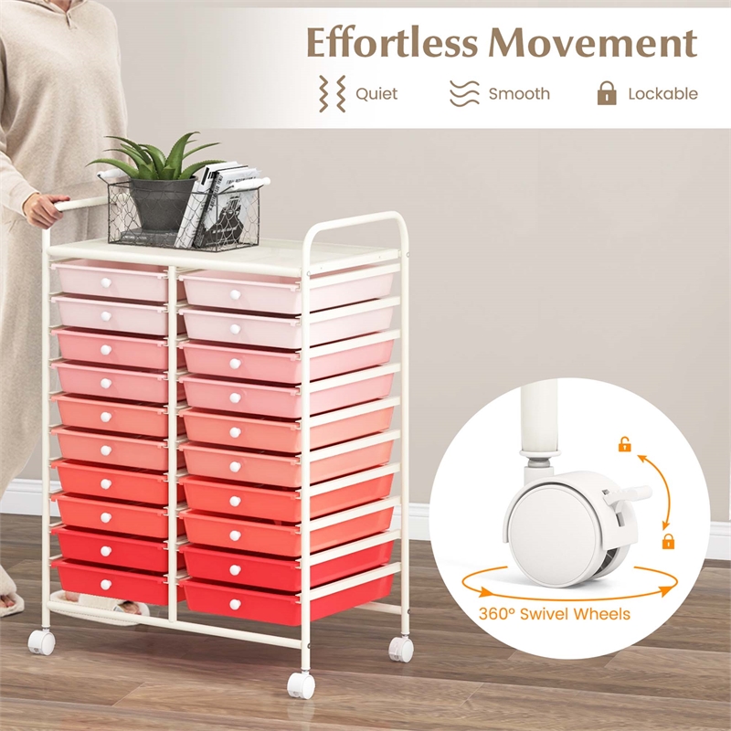 Pemberly Row 20 Drawers Rolling Cart Storage Studio Organizer Bins Pink