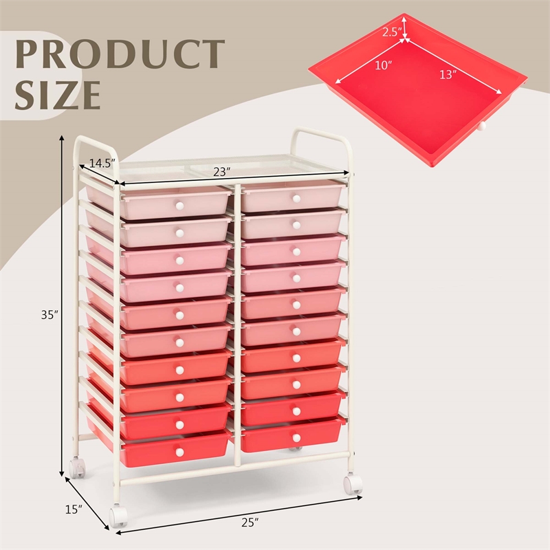 Pemberly Row 20 Drawers Rolling Cart Storage Studio Organizer Bins Pink