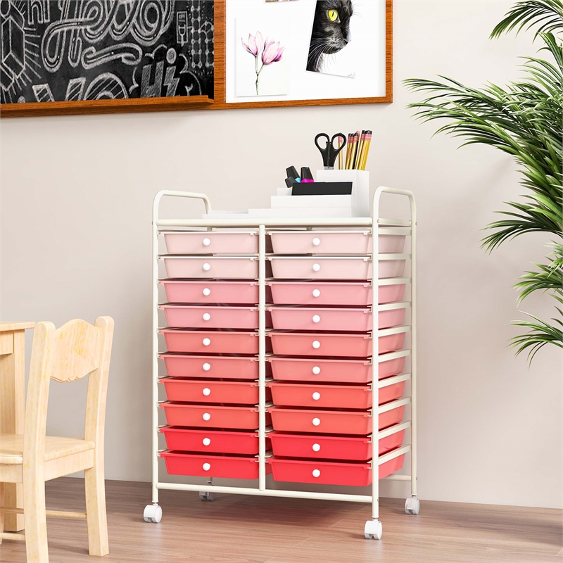 Pemberly Row 20 Drawers Rolling Cart Storage Studio Organizer Bins Pink