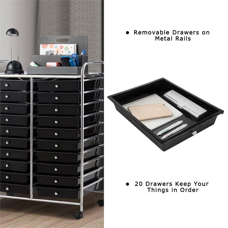 Pemberly Row 20 Drawers Rolling Cart Storage Studio Organizer Bins Black