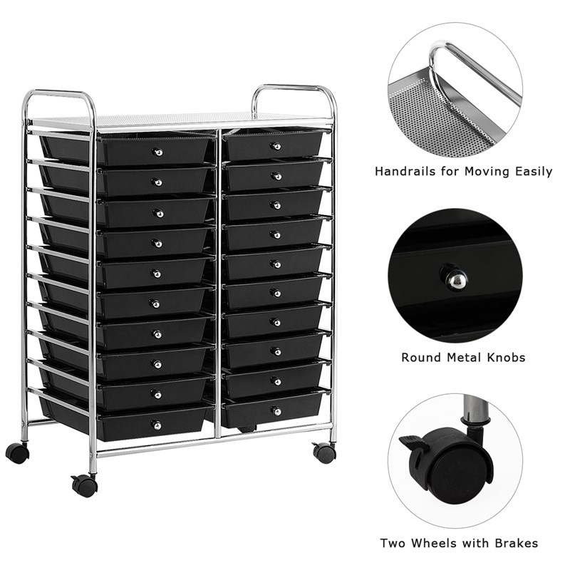 Pemberly Row 20 Drawers Rolling Cart Storage Studio Organizer Bins Black