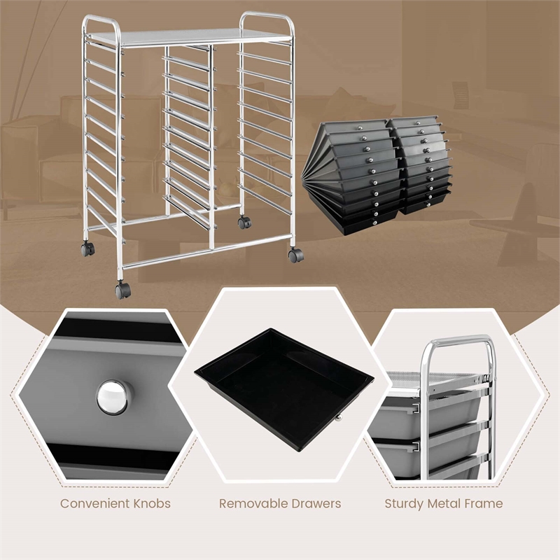 Pemberly Row 20 Drawers Rolling Cart Storage Studio Organizer Bins Gray