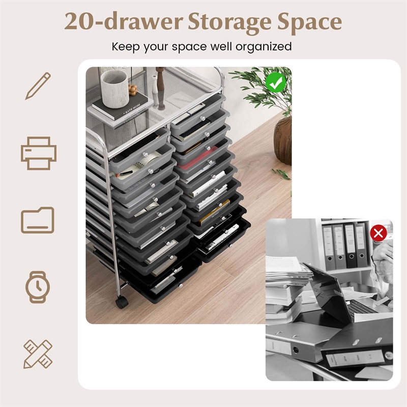 Pemberly Row 20 Drawers Rolling Cart Storage Studio Organizer Bins Gray