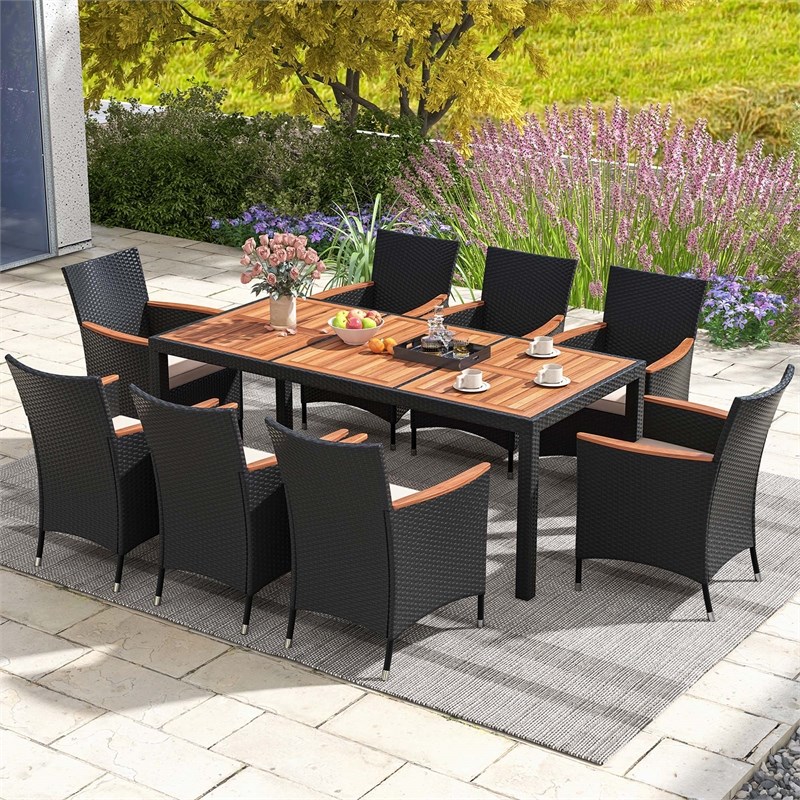 Pemberly Row Contemporary 9 PCS Patio Dining Set w/Umbrella Hole Brown