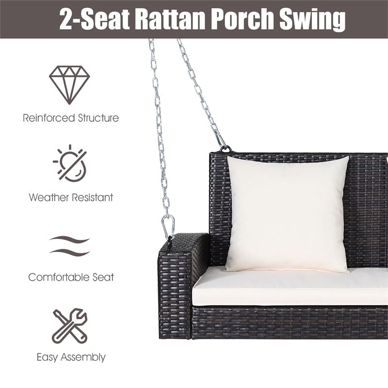 Pemberly Row 2 Person Patio Rattan Hanging Porch Swing Bench Chair Beige