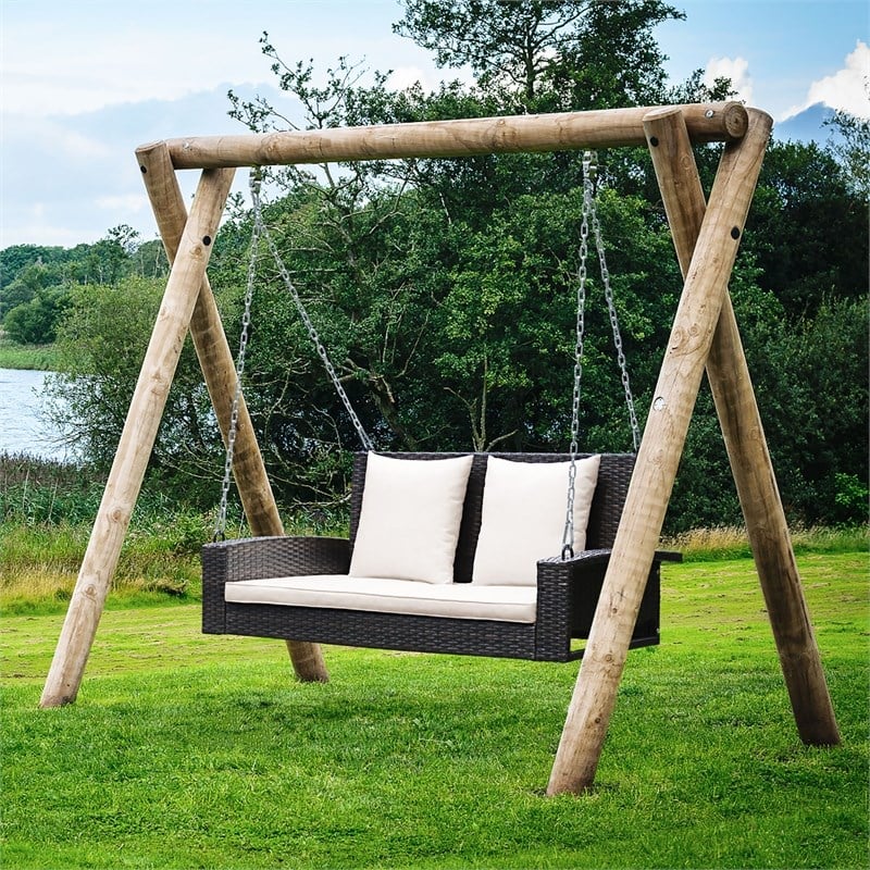Pemberly Row 2 Person Patio Rattan Hanging Porch Swing Bench Chair Beige