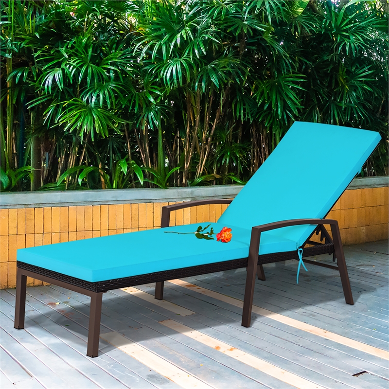Pemberly Row Patio Rattan Lounge Chair Chaise Back Adjustable Turquoise