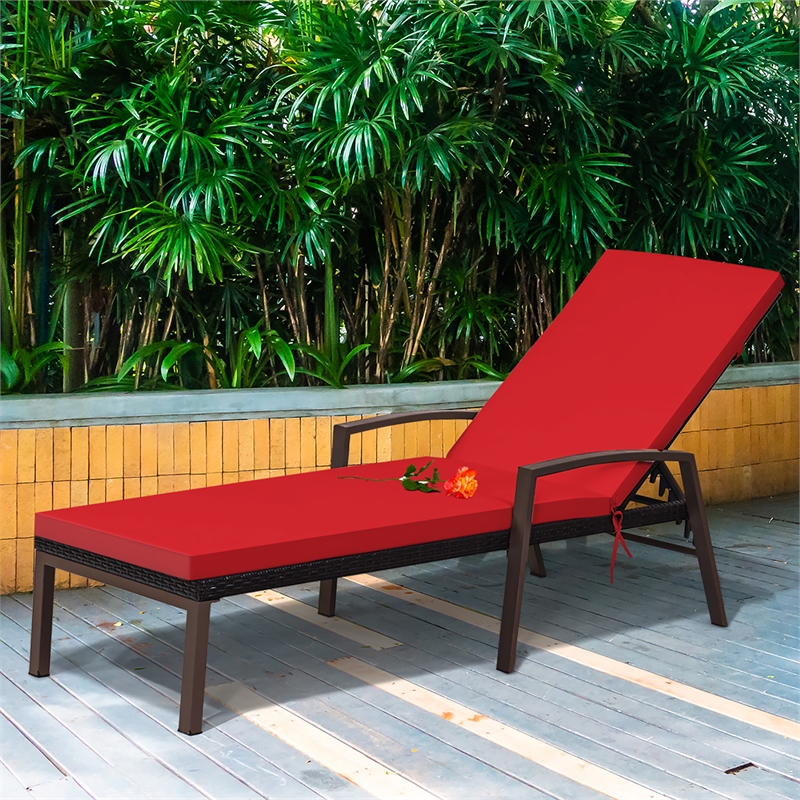 Pemberly Row Patio Rattan Lounge Chair Chaise Back Adjustable Red