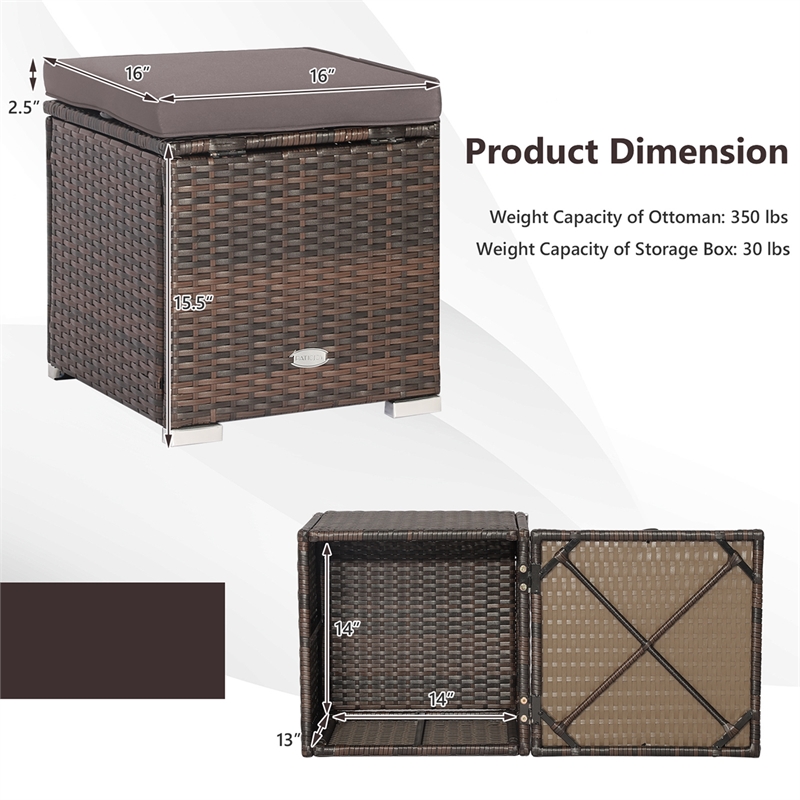 Pemberly Row 2PCS Patio Rattan Ottoman Seat Storage Box Gray