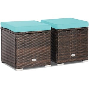 Pemberly Row 2PCS Patio Rattan Ottoman Seat Storage Box Turquoise
