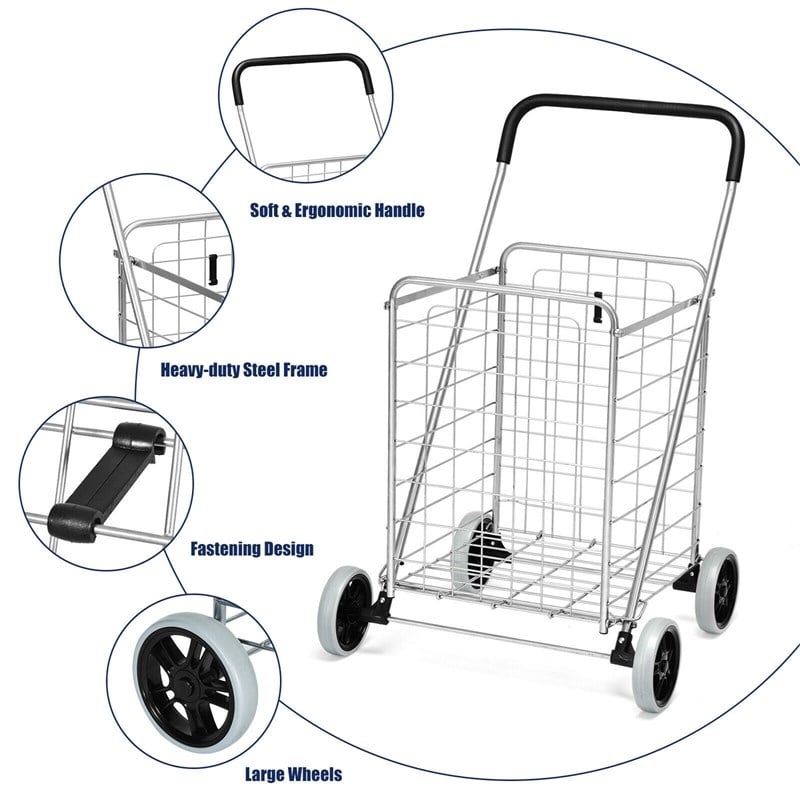 Pemberly Row Folding Shopping Cart Utility Trolley Portable For Grocery Silver