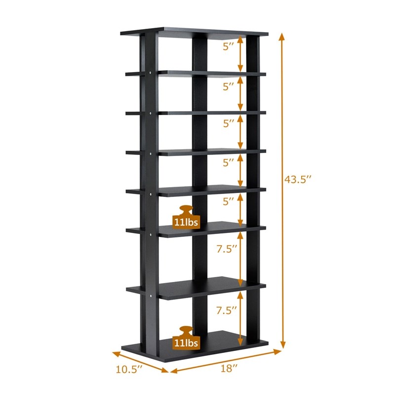 Pemberly Row 7 Tier Double Rows Shoe Rack Vertical Wooden Organizer Black