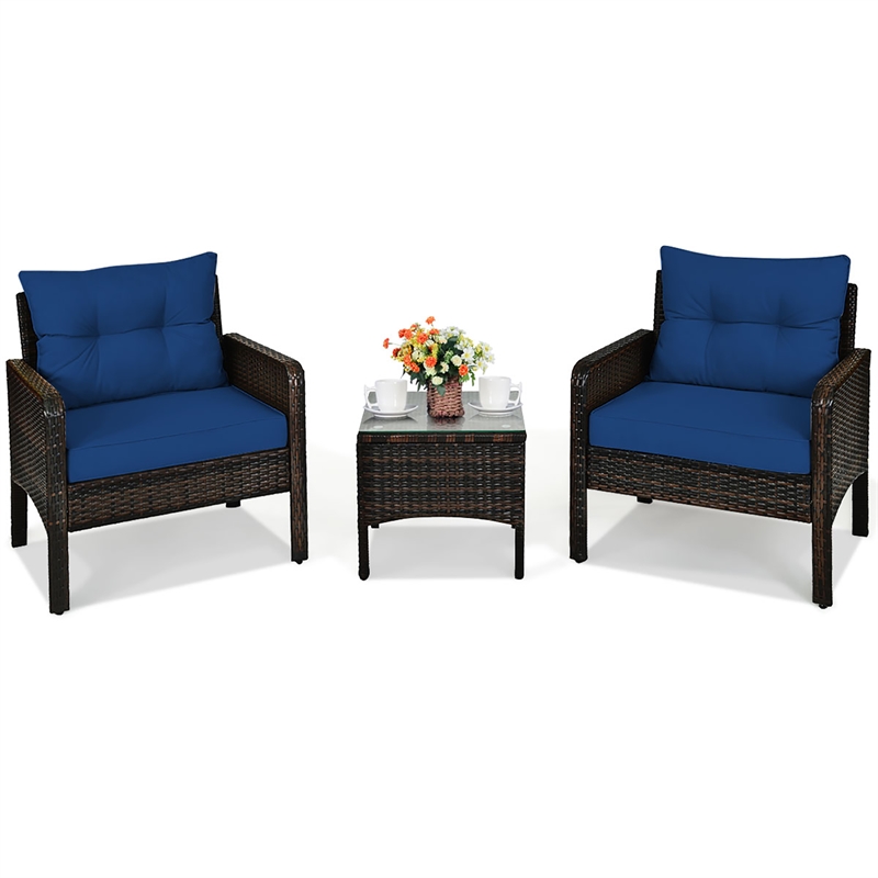 Pemberly Row 3PCS Outdoor Rattan Conversation Set Patio Garden Sofa Navy