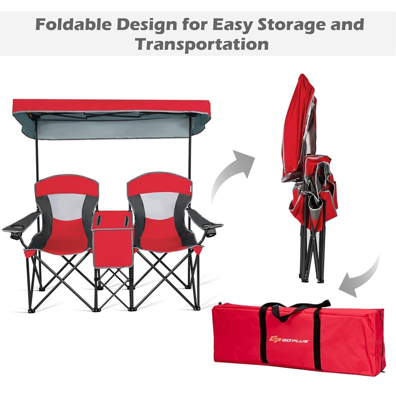 Pemberly Row Portable Folding Camping Canopy Chairs w/ Cup Holder Red
