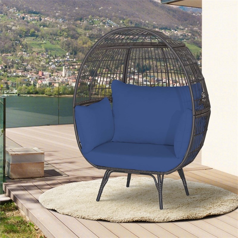 Pemberly Row Patio Oversized Wicker Egg Chair Lounge Basket 4 Cushion Navy