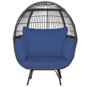 Pemberly Row Patio Oversized Wicker Egg Chair Lounge Basket 4 Cushion Navy