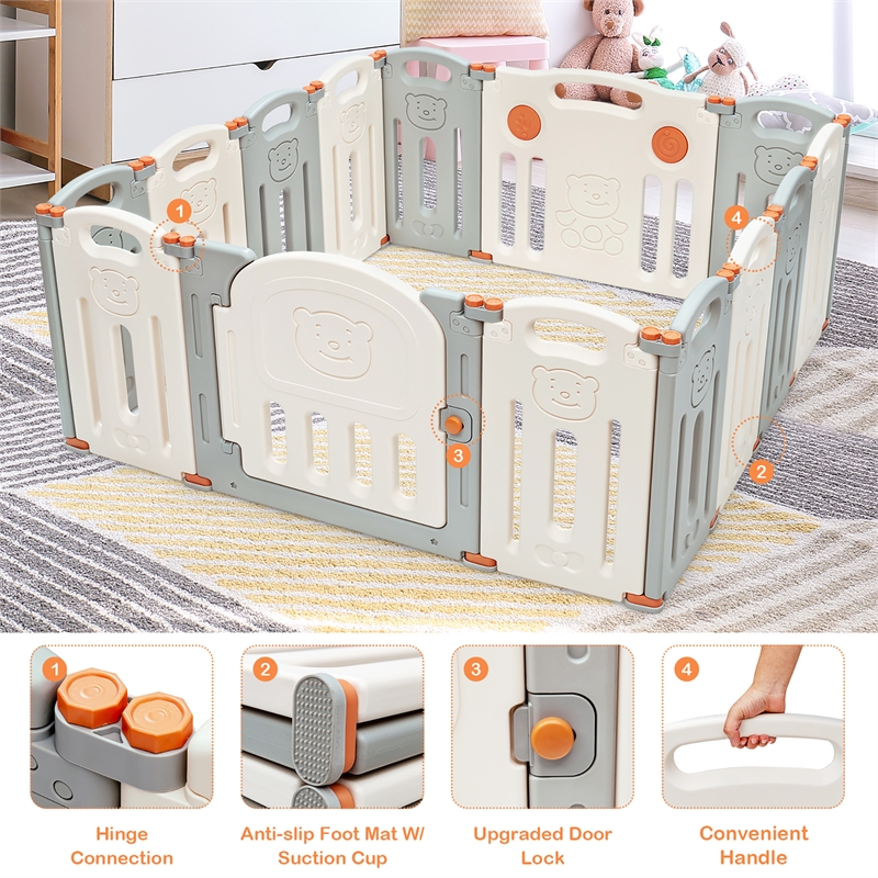 Pemberly Row Foldable Baby Playpen 14 Panels Kids Activity Play Beige
