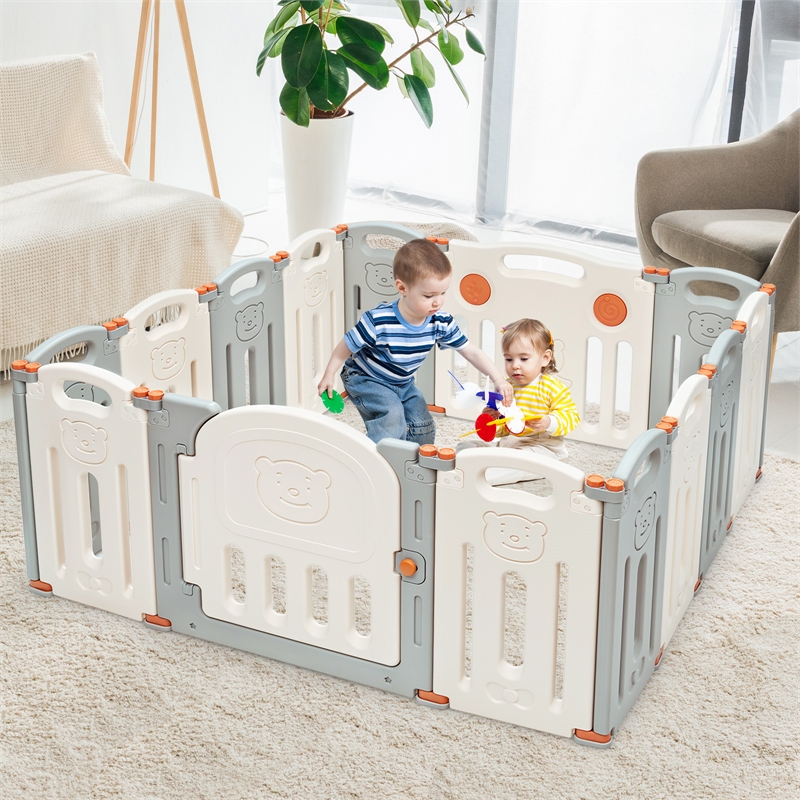 Pemberly Row Foldable Baby Playpen 14 Panels Kids Activity Play Beige