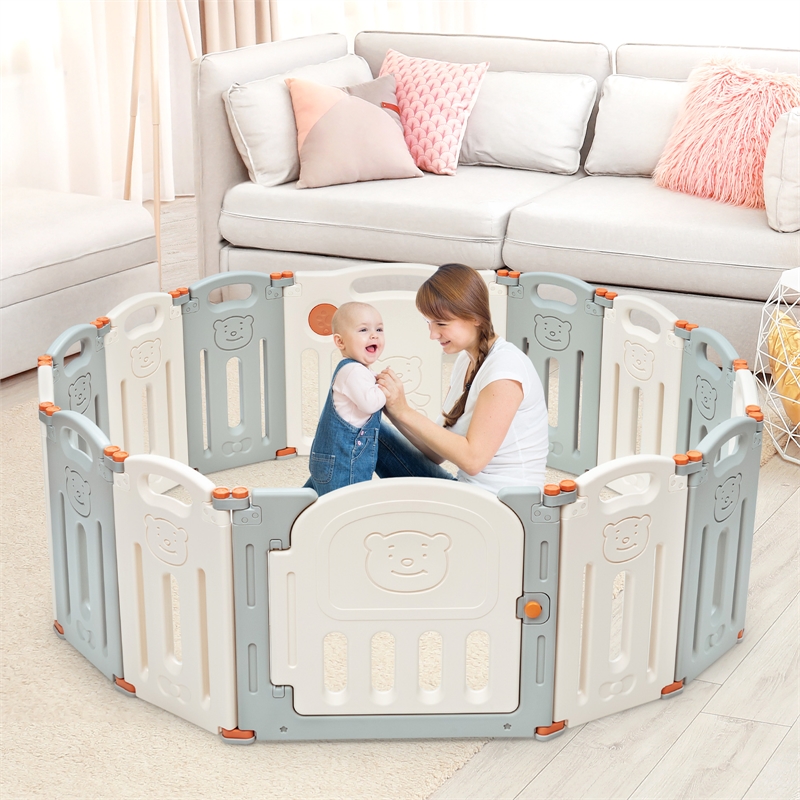 Pemberly Row Foldable Baby Playpen 14 Panels Kids Activity Play Beige
