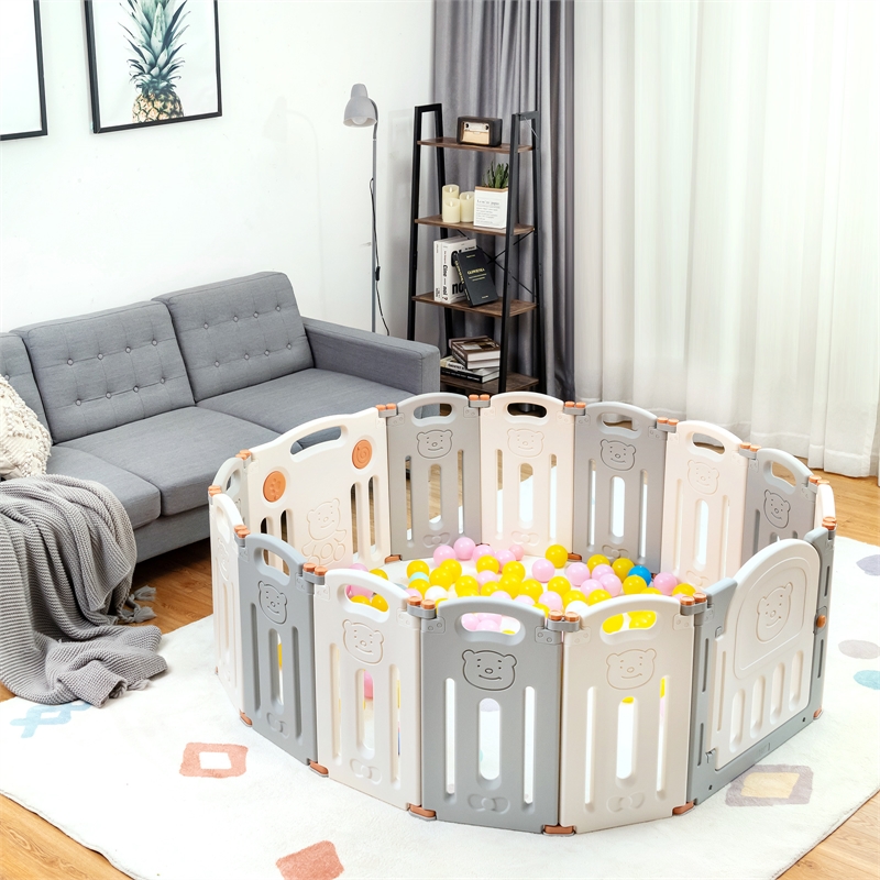 Pemberly Row Foldable Baby Playpen 14 Panels Kids Activity Play Beige