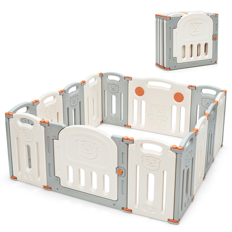 Pemberly Row Foldable Baby Playpen 14 Panels Kids Activity Play Beige