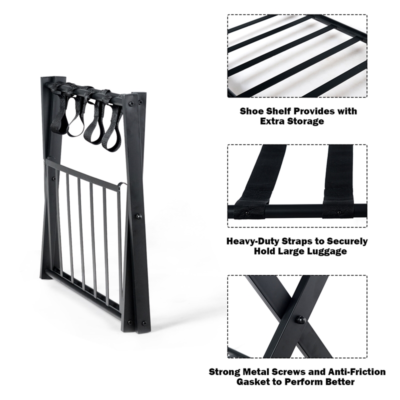 Pemberly Row Folding Metal Luggage Rack Suitcase Shoe Holder with Shelf Black