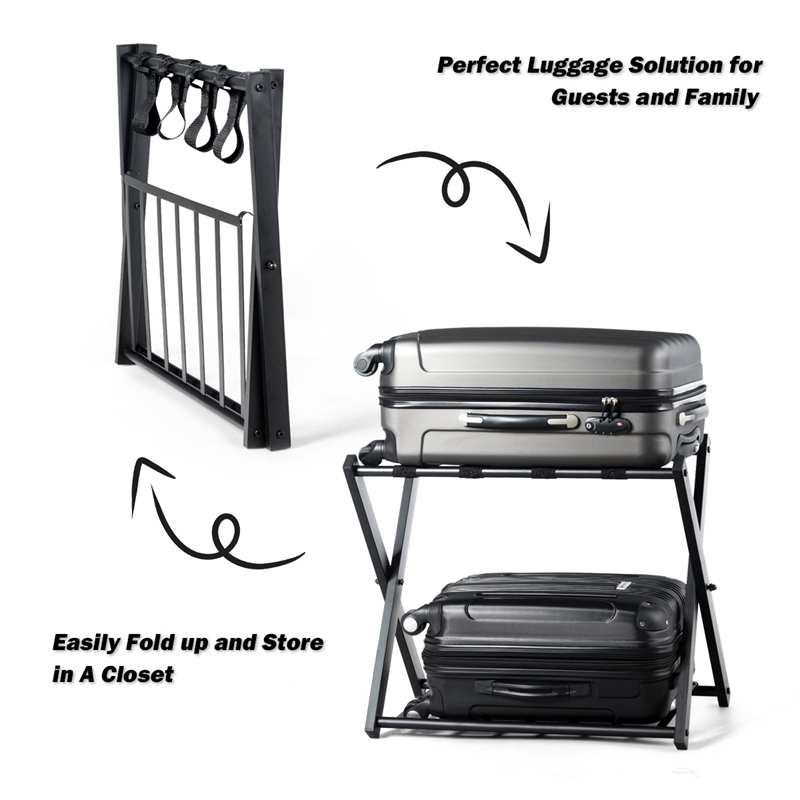 Pemberly Row Folding Metal Luggage Rack Suitcase Shoe Holder with Shelf Black