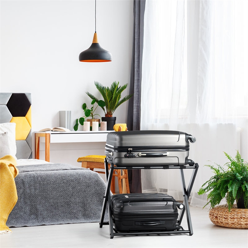 Pemberly Row Folding Metal Luggage Rack Suitcase Shoe Holder with Shelf Black