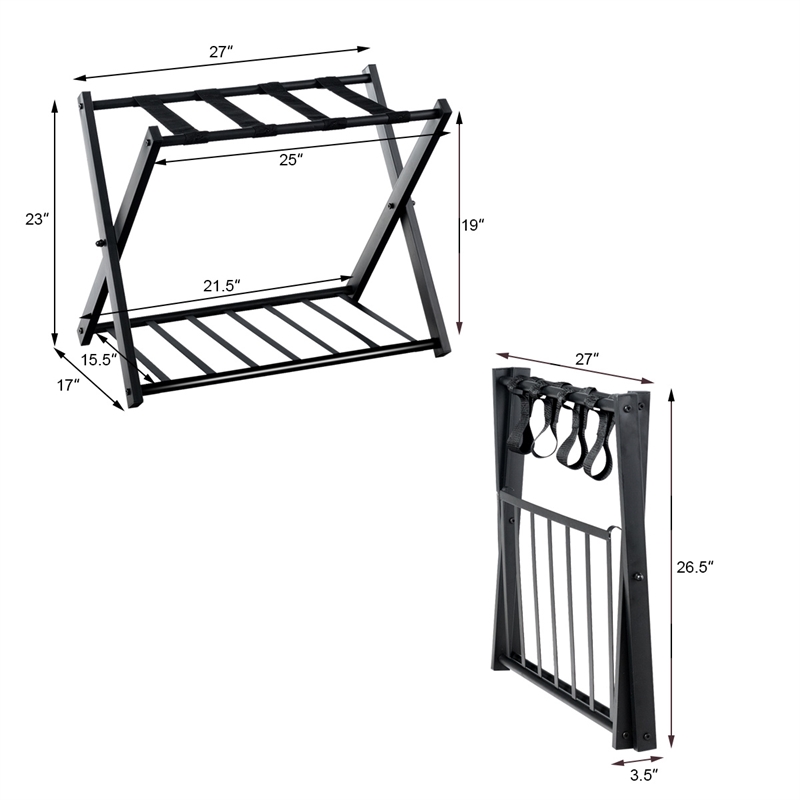 Pemberly Row Folding Metal Luggage Rack Suitcase Shoe Holder with Shelf Black