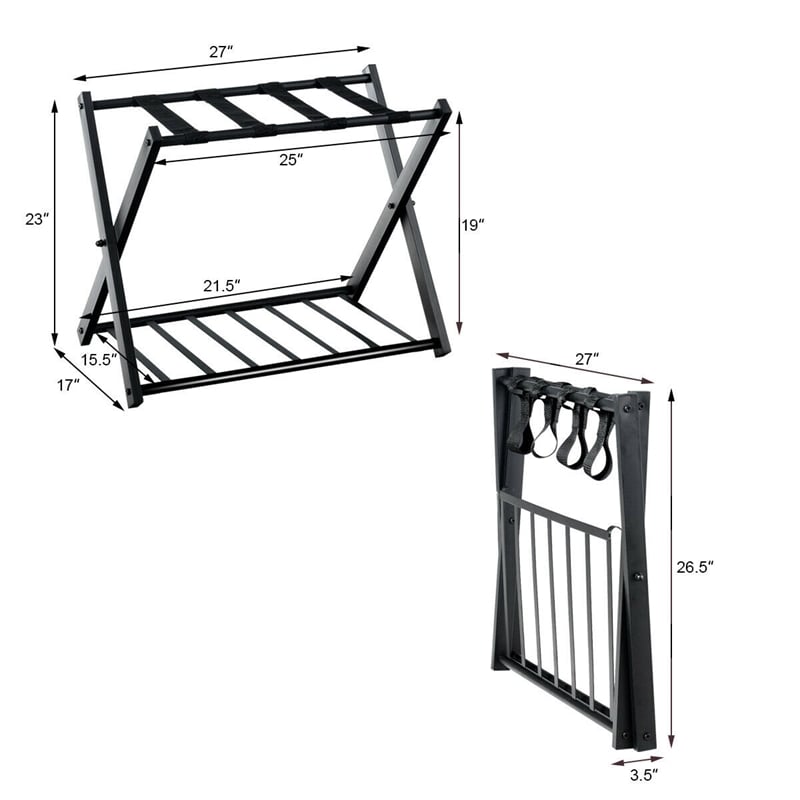 Pemberly Row Set of 2 Folding Metal Luggage Rack Suitcase Shoe Holder Black