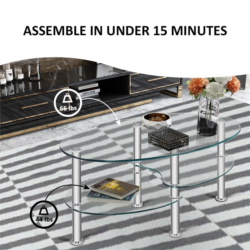 Pemberly Row Tempered Glass Oval Side Coffee Table Shelf Chrome Base Clear