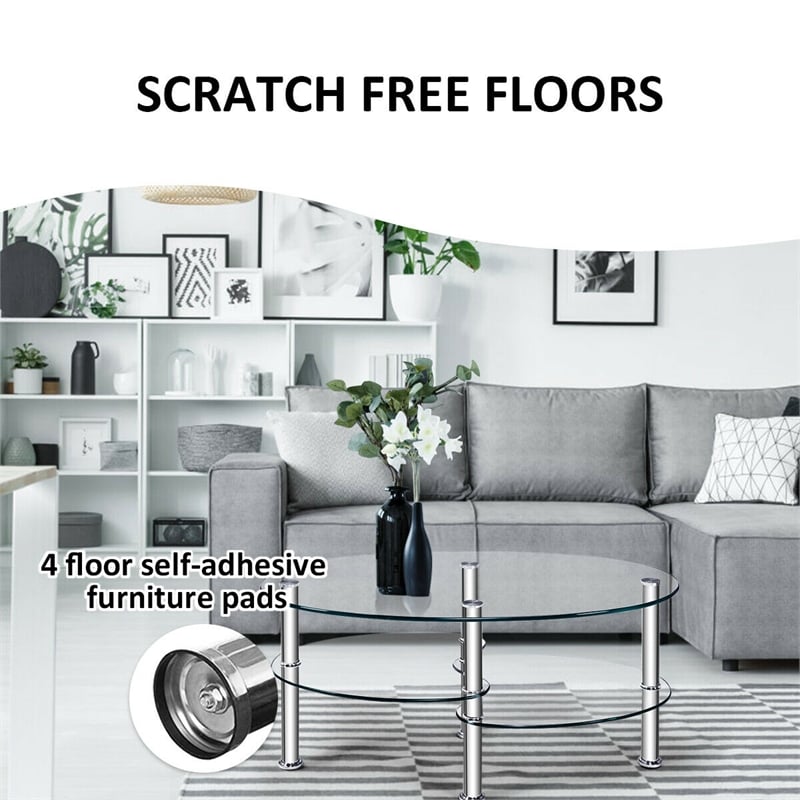 Pemberly Row Tempered Glass Oval Side Coffee Table Shelf Chrome Base Clear