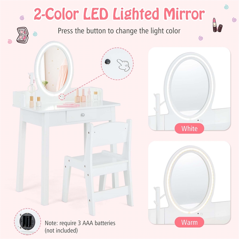 Pemberly Row Vanity Set w/ Lighted Mirror Chair 2 Color LED Lighting Makeup