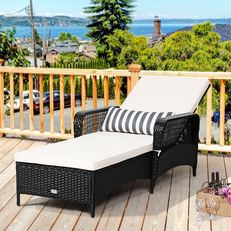 Pemberly Row PE Rattan Chaise Lounge Chair Armrest Recliner Adjustable Black