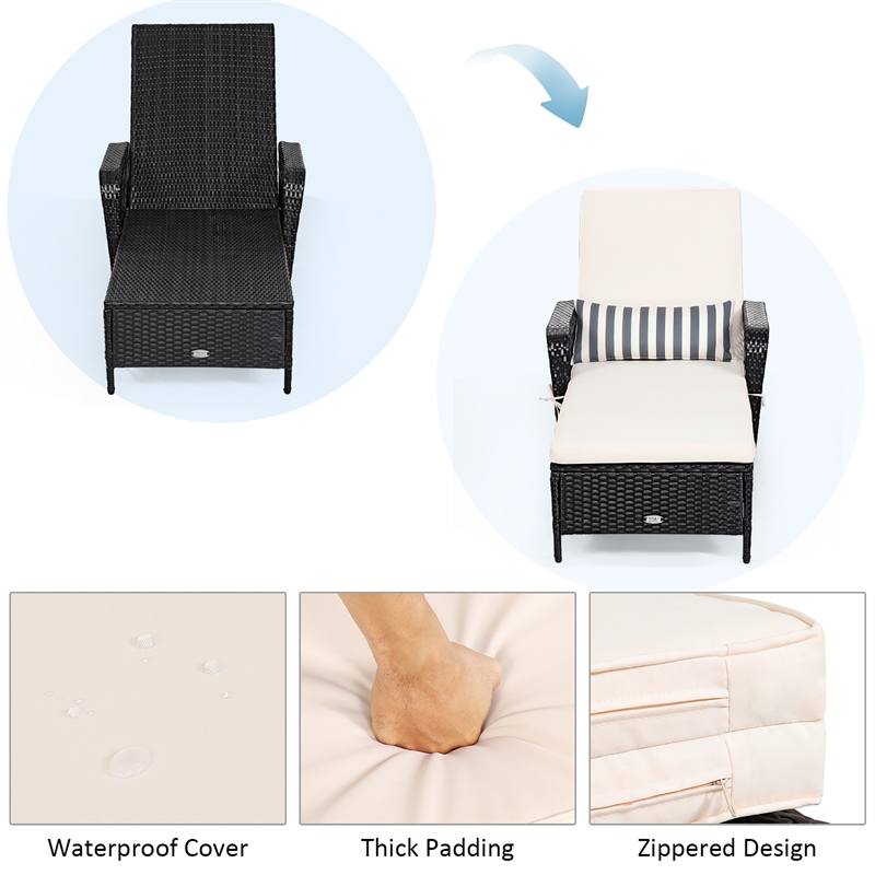 Pemberly Row PE Rattan Chaise Lounge Chair Armrest Recliner Adjustable Black