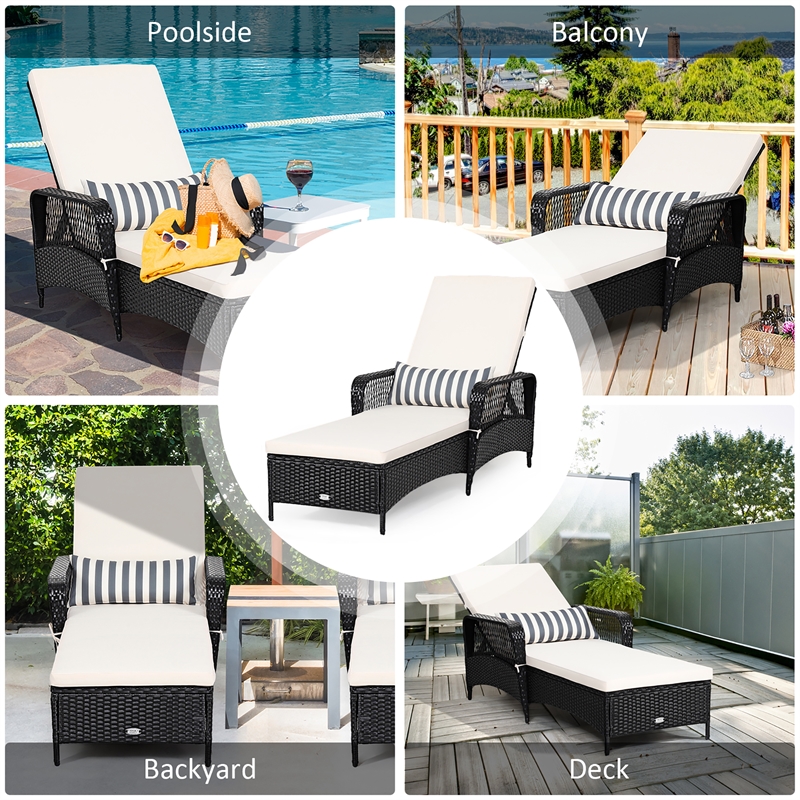 Pemberly Row PE Rattan Chaise Lounge Chair Armrest Recliner Adjustable Black