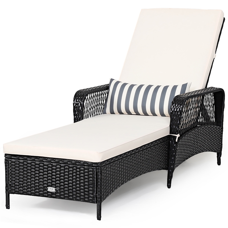 Pemberly Row PE Rattan Chaise Lounge Chair Armrest Recliner Adjustable Black