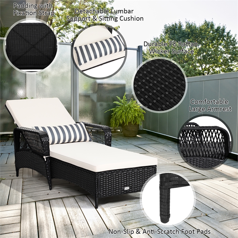 Pemberly Row PE Rattan Chaise Lounge Chair Armrest Recliner Adjustable Black