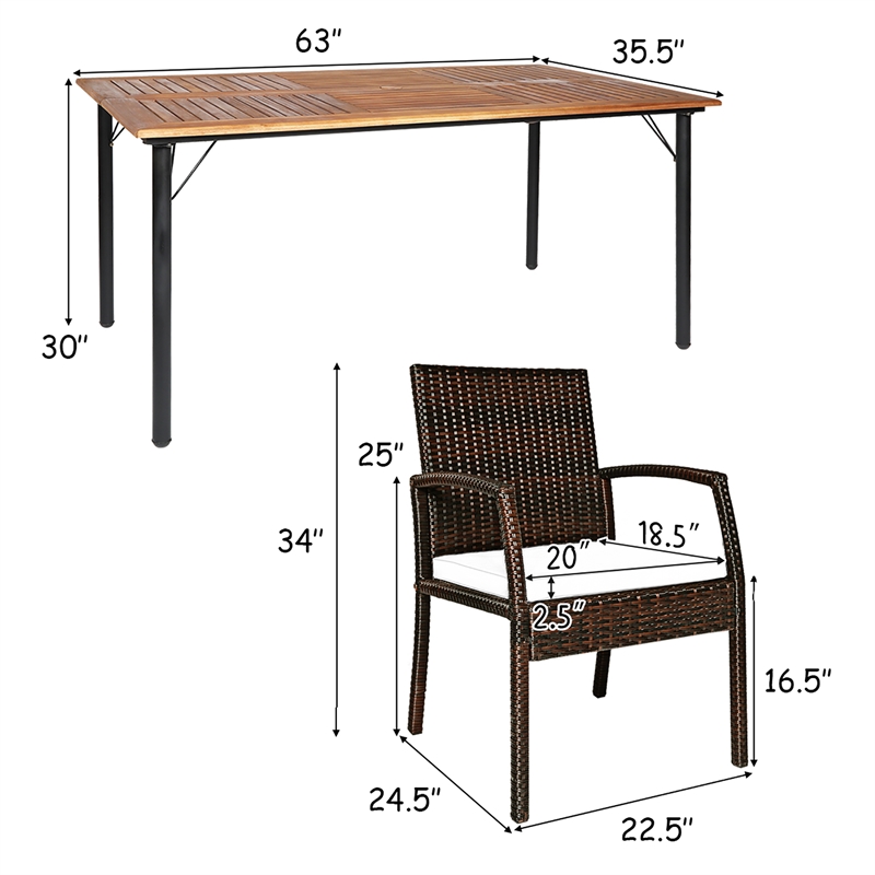 Pemberly Row 7PCS Patio Rattan Dining Set Table Top with Umbrella Hole White